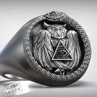 Ouroboros Owl Ring, Eye Of Providence, Occult Jewelry, Mens Mystic Gift, Handmade Symbolic Accessory