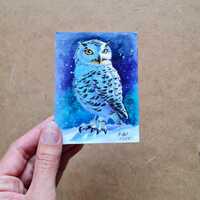 Mini Watercolor Painting of Snowy Owl &ndash; 4x3 Inch  Hand-Painted Wildlife Art