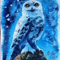 Mini Watercolor Painting of Snowy Owl &ndash;  4x3 Inch Hand-Painted Wildlife Art