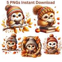 Cute Fall Owl Clipart PNG, Woodland Owl Wearing Knitted Hat reading a book, Autumn Animal Illustrati