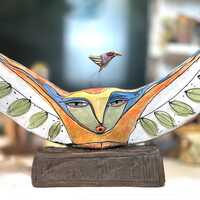 Handmade Clay Owl Sculpture: Colorful Glazed Ceramic Art, "Owl Person and Dancing Bird"