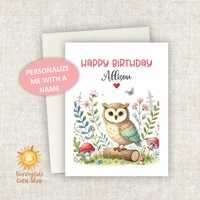 Custom Woodland Owl Birthday Card: Personalized Whimsical Greeting Card
