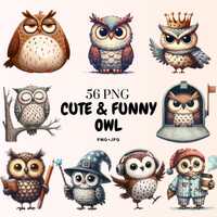 Watercolor Owl Clipart: 56 Quirky PNGs for Stickers & Decor (Digital Download)