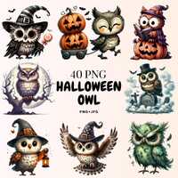 40 Spooky Cute Owl Clipart PNG & JPGs | Watercolor Halloween Owl, Witch Hat, Stickers, Sublimati