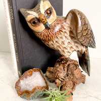 Wooden Owl on Branch: Retro Boho Eclectic Decor