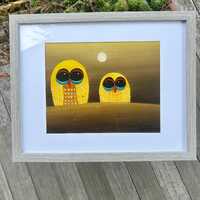 Vintage Oil Painting: Two Owls by John R. Good (15x12 inches)