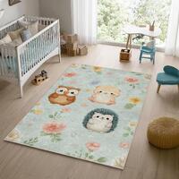 Cute owl hamster hedgehog rug for nursery, washable kids room carpet, soft floral animal play mat, w