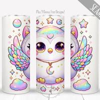 Kids Iridescent Owl PNG, Digital Sublimation Design For 20 oz Skinny Straight Tumbler, Kawaii Wrap,