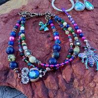 Multi Strand Bracelet Owl and Blue Bee Charm Iridescent Blue Glass Drop Earrings Bee Key Ring Set La