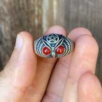 Vintage Size 9.5 PSCL Sterling Owl Ring with Carnelian-like Eyes and Pentagram Symbol #4548