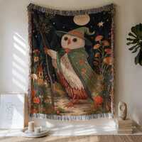 Owl Wizard Woven Blanket: Magical Cottagecore Tapestry