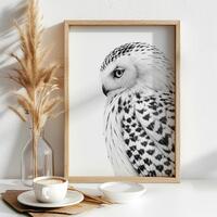 Snowy Owl Black and White Wall Art &ndash; Elegant Wildlife Bird Print, Minimalist Nature Decor, Mod