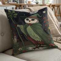 Owl Wizard Throw Pillow: Whimsical Forest Fantasy Art Decor