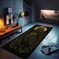 Gothic Owl Moon Rug &ndash; Black and Gold Celestial Bird Floor Runner with Vintage Botanical Design