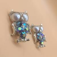 Owl Brooch Set - Two Vintage Gold Tone Owl Brooches with Pearl Eyes and Rhinestone Bodies