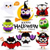 Halloween Owls Clipart, Vampire, Witch, Zombie, Pirate, Cute Halloween Characters - Digital Download