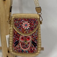 Mod Style Beaded Mini Crossbody Bag - Owl Motif        #947-G
