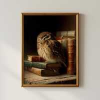 Vintage Owl and Books Wall Art | Rustic Bird Still Life Dark Academia Library Painting | Cottagecore