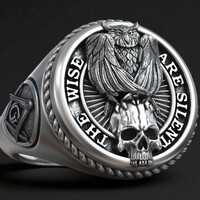 Owl Skull Signet Ring, Freemason Jewelry, Masonic Compass, Gothic Mens Ring, Handmade Silver, Symbol