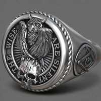 Owl Skull Signet Ring, Freemason Jewelry, Masonic Compass, Gothic Mens Ring, Handmade Silver, Symbol