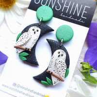 Snowy Owl Earrings - Moon and Owl Jewelry - Bird Lover Gift - Fall Statement Earrings - Neutral Colo