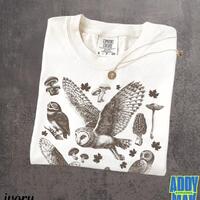 Owls & Mushrooms Comfort Colors® Vintage Style Tshirt, Retro Nature Shirt, Botanical Forest 