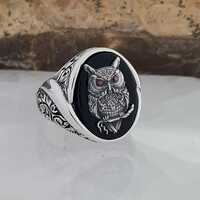 Handmade 925 Sterling Silver Owl Ring – Black Onyx and Red Zircon Eyes Unisex Men’s and 