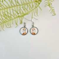 Owl Earrings - From Original Watercolor Painting - Small Glass and Stainless Steel Dangle Earrings -