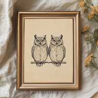 Two Whimsical Owls Sitting Together - Cute Vintage Illustration, Woodland Wall Art Printable, Rustic