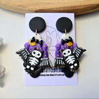 Halloween Polymer Clay Earrings / Skeleton Owl clay earrings/Fall Long dangle Statement Minimalist E