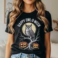 Owl Halloween T-Shirt, Happy Owl-O-Ween Shirt with Pumpkins, Funny Spooky Owl Tee, Trick or Treat Co