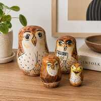 Vintage Handpainted Wooden Owl Nesting Dolls, Matryoshka Dolls