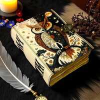 Owl Leather Journal – Gothic Grimoire Book of Shadows, 400 Pages Witchcraft Spellbook, Vintage