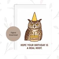 Funny Owl Birthday Card &ndash; Serious Animal Greeting with Party Hat & Cake &ndash; Humorous 5