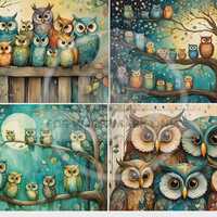 Decoupage Central, Crazy Owls, Blue, Colorful, Artistic, Owl Quad, DC597, Rice Paper, Decoupage, Mix