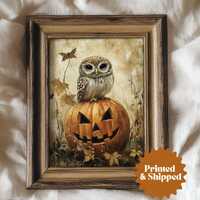 Cute Owl Halloween Print Jack-O-Lantern Pumpkin | Vintage Cottage Farmhouse Halloween Decor | PRINTE