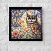 Geometric stained glass owl cross stitch pattern full coverage PDF