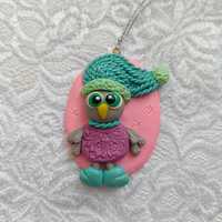 Handmade Polymer Clay Christmas Owl Ornament: Turquoise Hat