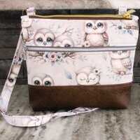 Owl Crossbody Purse with Adorable Owls and brown Vegan Leather Size top/middle 8", top of brown