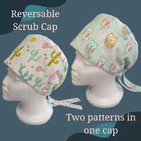 Scrub Cap, Reversible, Cactus, Owl, Blue, White, Cotton, Tie Back, Surgical Cap, One Size Fits All, 