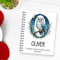 Personalised Blue Owl Notebook | Custom A5 Spiral Journal with Monogram Letter & Name | Unique G