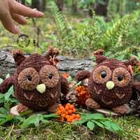 PLUSH OWL with little butterfly Plushie soft amigurumi toy Brown owl Forest animals Woodland nursery