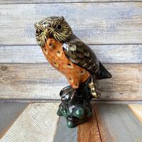 Vintage Ceramic Hand Painted Owl Figurine with Glass Eyes and Intricate Feather Details