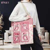 Christmas Owl Tote Bag | Postage stamp Pink Holiday Shopper Floral Santa Hat Owl  |  Gift Bag for Te