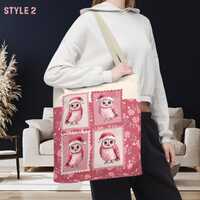 Christmas Owl Tote Bag | Postage stamp Pink Holiday Shopper Floral Santa Hat Owl  |  Gift Bag for Te
