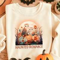 Haunted Romance Owls Halloween T-Shirt Design, Romantic Pumpkin Printable, Spooky Cute Digital Downl
