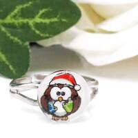 Christmas Owl Adjustable Ring | Cute Festive Jewellery Gift | Silver Plated