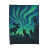 Aurora Borealis Plush Blanket: Moose, Wolf & Owl - Cozy Cabin Decor