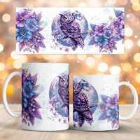 Boho celestial owl mug sublimation design, Owl with flowers design mug 11oz 15oz coffee cup template