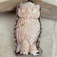 Carved Bone Owl Pendants With Handcrafted Tibetan Repouse Silver Flower/ Floral Design/ Nepal / Hima